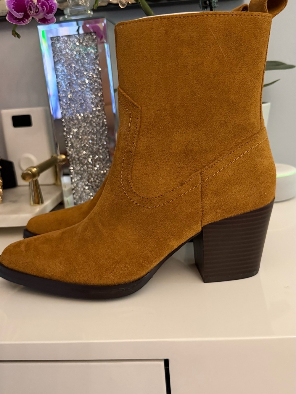 Rebecca Minkoff Mustard Suede Ankle Booties with Block Heel